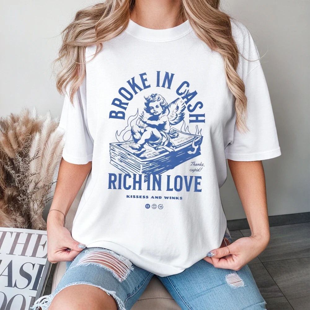 

Летняя хлопковая футболка Broken In Cash Rich In Love, модная удобная цветная футболка, мешковатая уличная одежда, повседневная повседневная одежда для женщин и мужчин