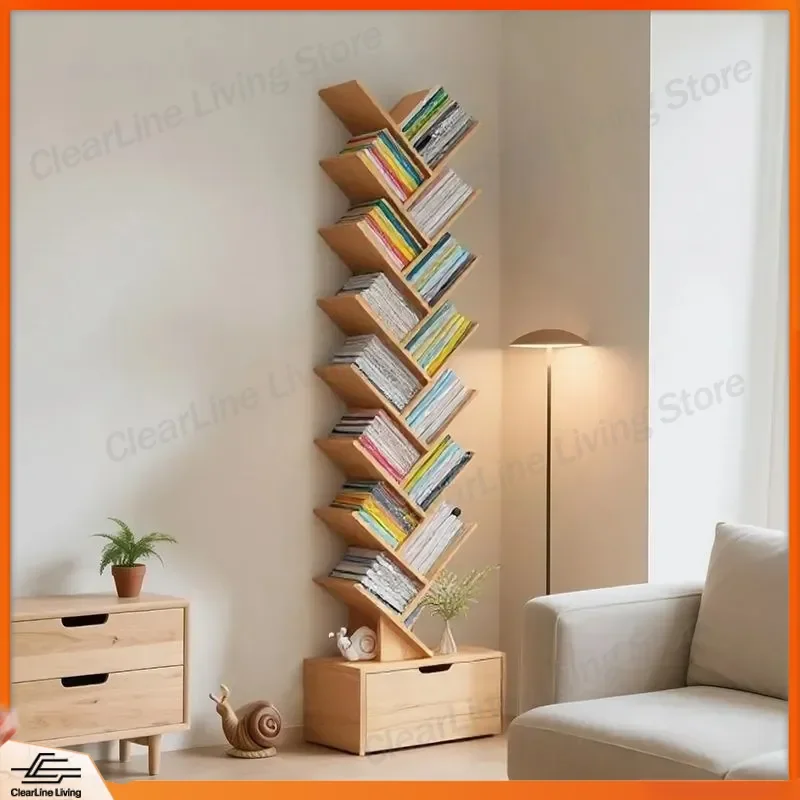 Simple Tree Shaped Floor to Ceiling Bookshelf Narrow Slot Multi Layer Storage Rack for Living Room Wall Against Household