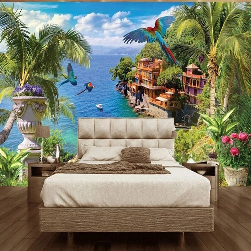 Simple European style blue coast coconut trees flowers birds Mediterranean TV luxurious home decoration bedroom background wall