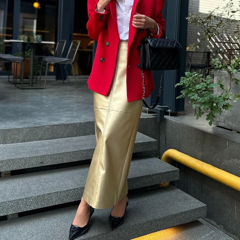 Elegant Metallic Gold PU Leather Skirts For Women 2023 Fashion High Waist Office Long Skirt Casual Classic Skirt Female Clothing