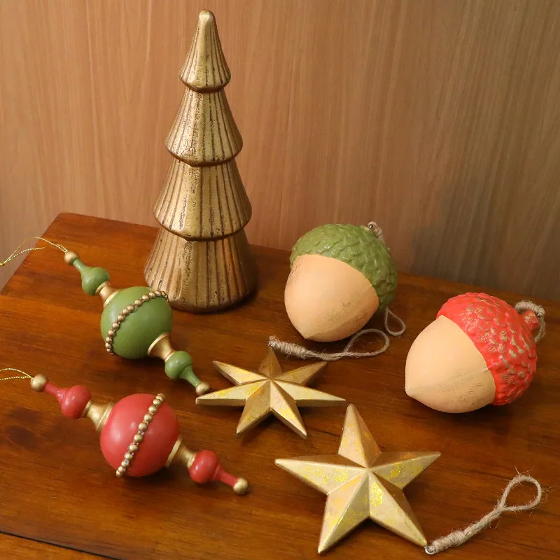 

2026 New Christmas Wooden Acorn Pentagram Retro Christmas Tree Hanging Christmas Decorations Window Hangings