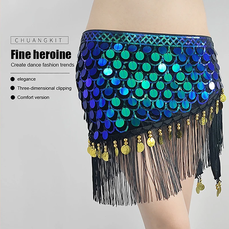 Fish Scale Tassel Beads Sequins Hip Scarf Belly Dance Practice Suit Halloween Performance Waist Belt Hip-covering Short Skirt