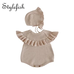 autumn new baby clothes cotton sweater Jumpsuit baby baby knitted Ruffle sleeveless romper hat