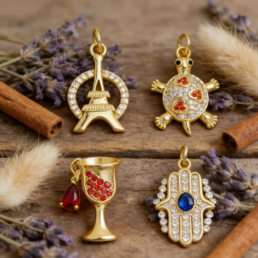 3Pcs Pendant Handmade Brass Zircon Wine Glass Hamsa Eiffel Tower Turtle Charm for DIY Jewelry Accessory Bracelet Necklace Making