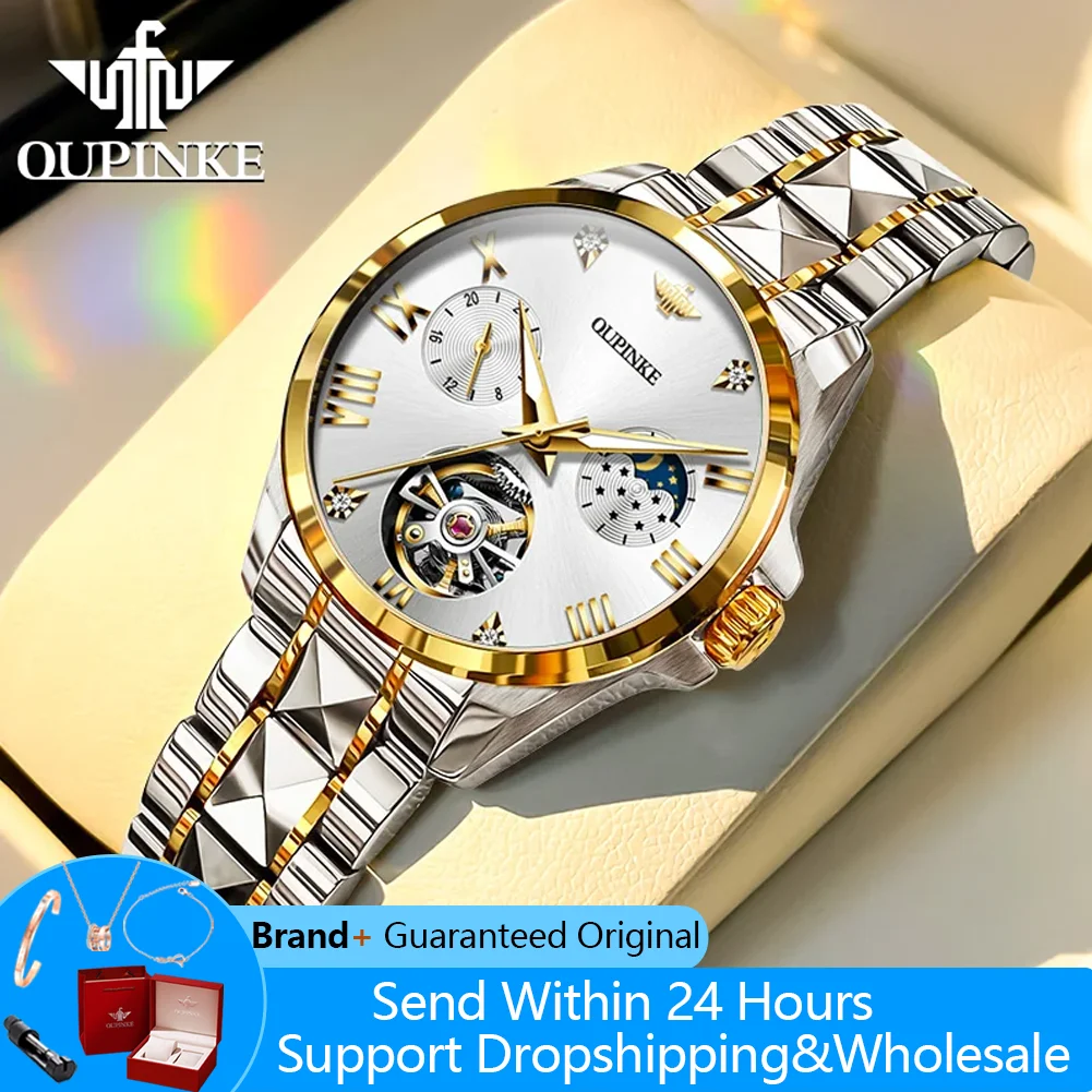 

OUPINKE 3202 Woman's Watch Hollow Luxury Waterproof Moonswatch Mechanical Watch For Women Roman Scale Classic Ladies Wristwatch