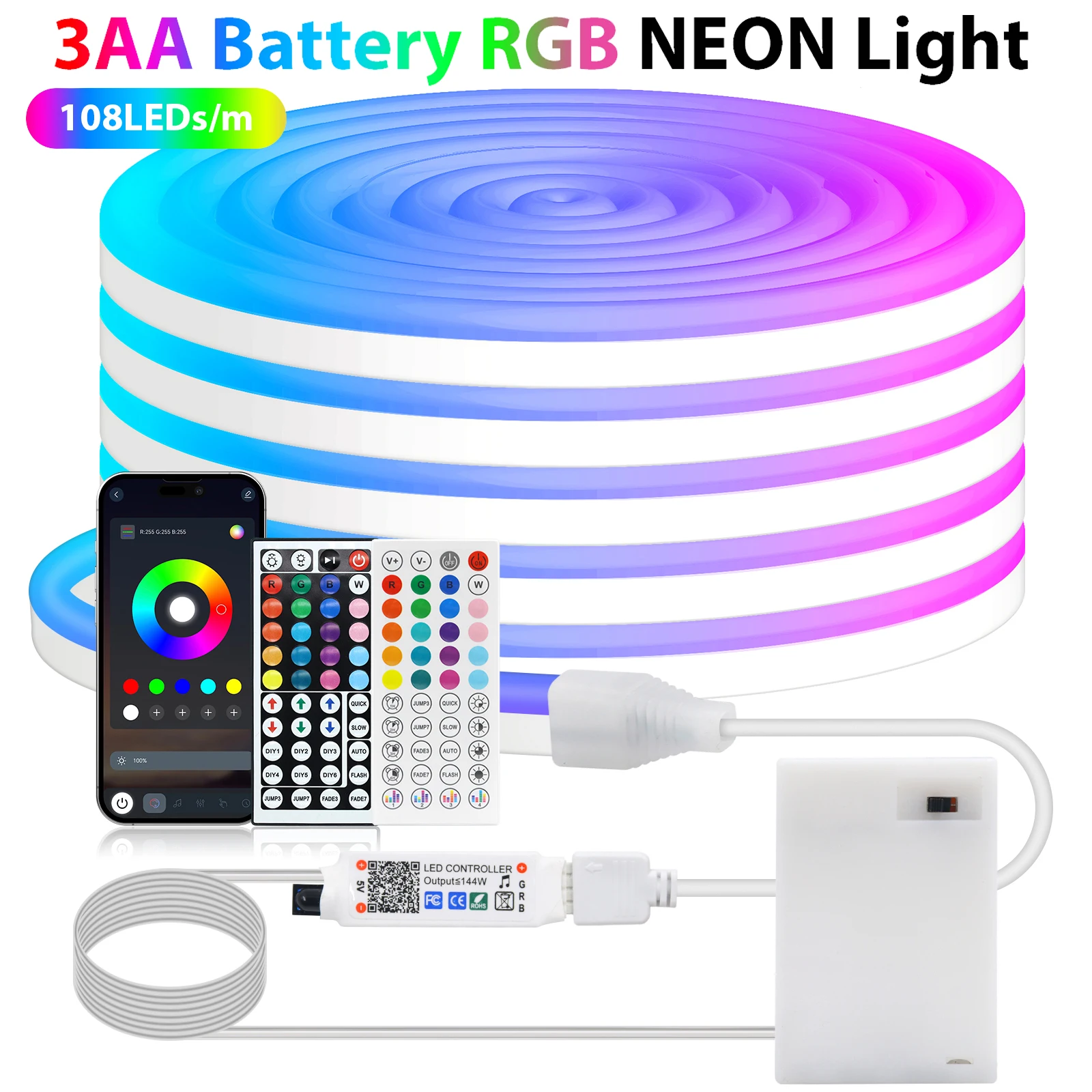 

5V 3AA Battery RGB Neon LED Strip Dimmable Bluetooth Control Flexible Neon Sign Tape Ribbon 3535 108LEDs/M Waterproof Rope Light