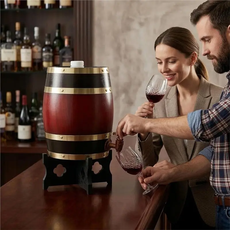 B23B Stand Included 5L Oak For Aging Barrel, Small Wine Cask With Faucet, Charred Oak Barrels For Whiskey, Bourbon, Cocktail Sto