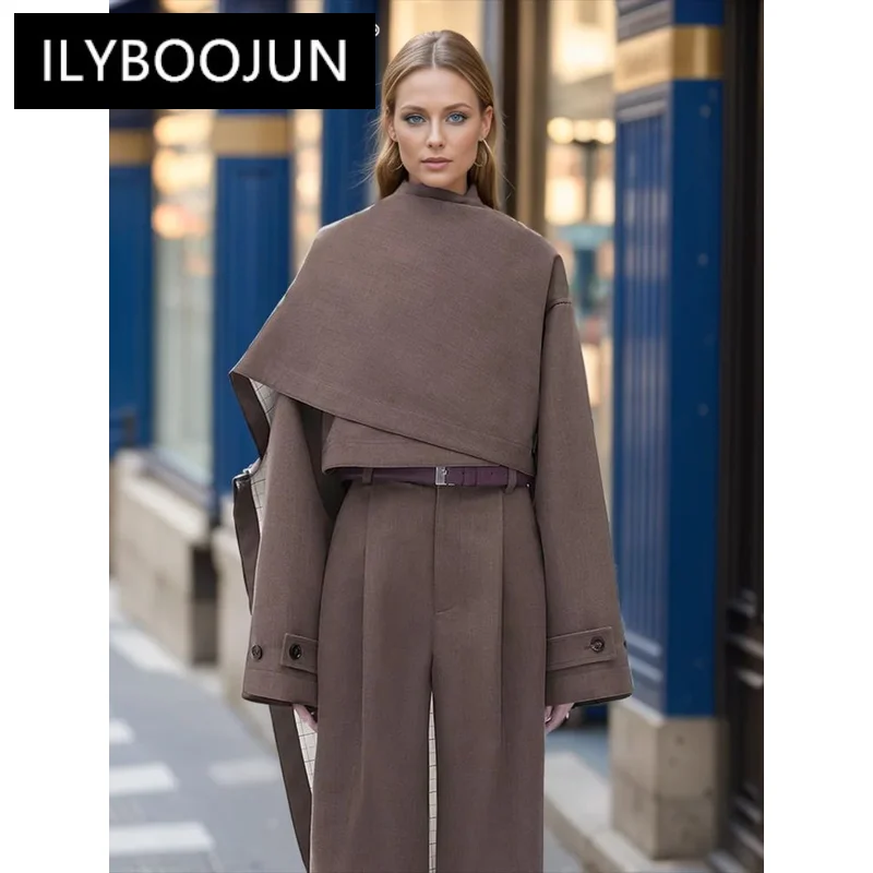 

ILYBOOJUN Solid Spliced Button Chic Irregular Short Coats For Women Turtleneck Long Sleeve Asymmetrical Jacket Female Fashion