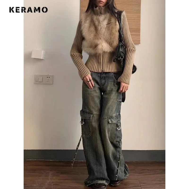 Women\'s Retro Wide Leg Baggy Casual Denim Trouser Harajuku Vintage Solid Color High Waist Loose Jeans 2024 Spring Belted Pants