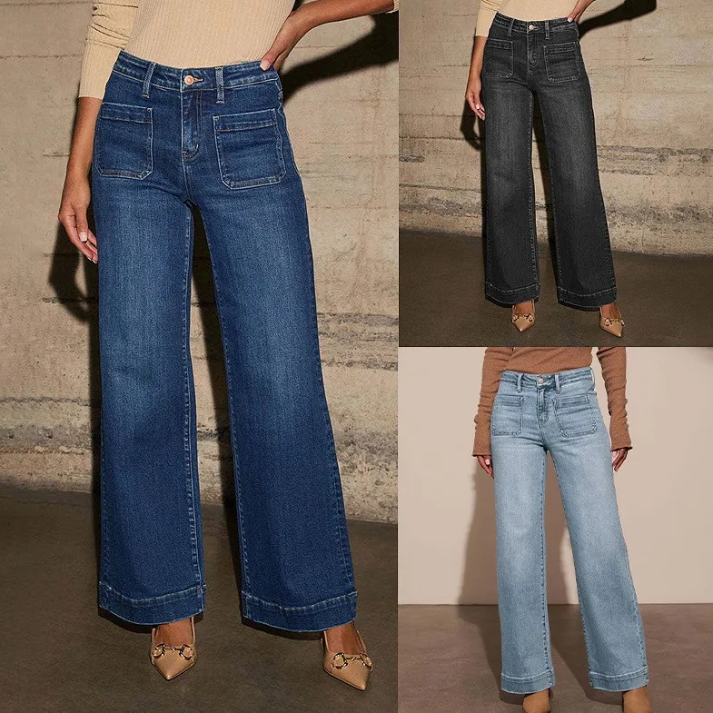 Women Baggy Jeans High Waist Straight Leg Denim Pants Medium Wash Cuffed Hem Front Patch Pockets Button Fly Classic Blue