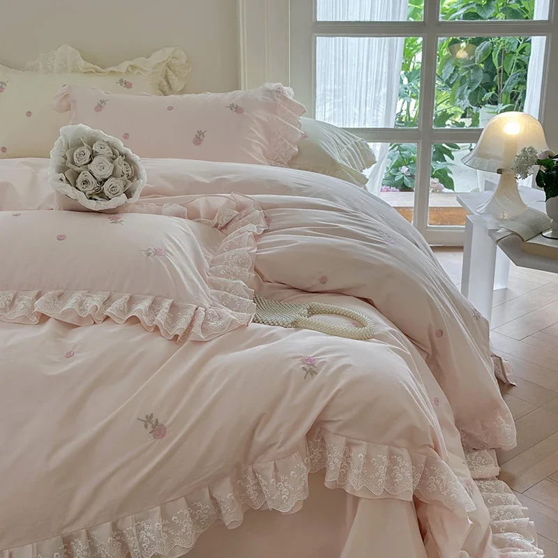

Pink Princess Bedding Set Washed Cotton Rose Embroidery Lace Ruffle Duvet Cover Bed Sheet Pillowcases Solid Color Home Textile