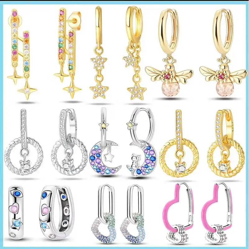 

Hot Sale 100% 925 Sterling Silver Star Moon Bee Golden Earring For Women Sparkling Zircon Luxury Wedding Engagement Jewelry Gift