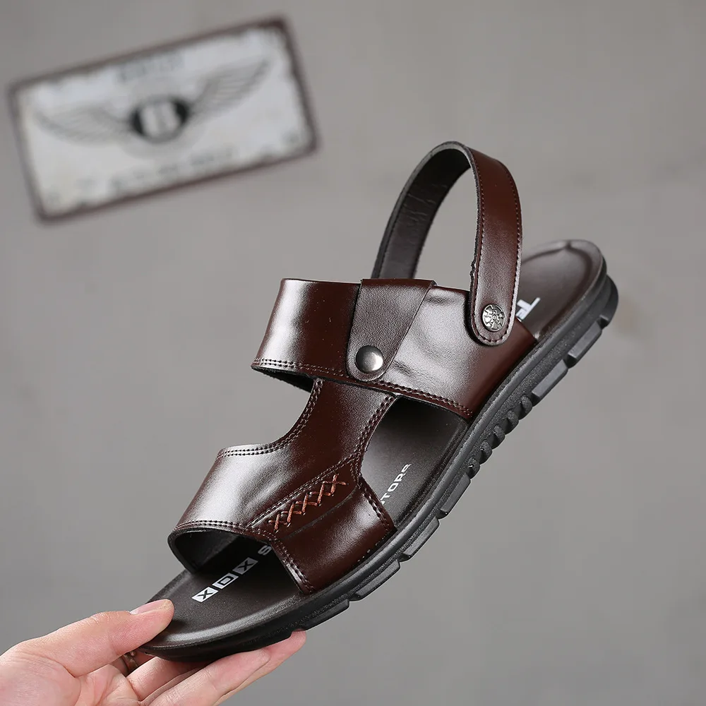 2024 Summer New Fashion Men Shoes Vintage Cow Leather Non-slip Beach Slip-On Sandals Travel Flip Flop Slippers Black Brown