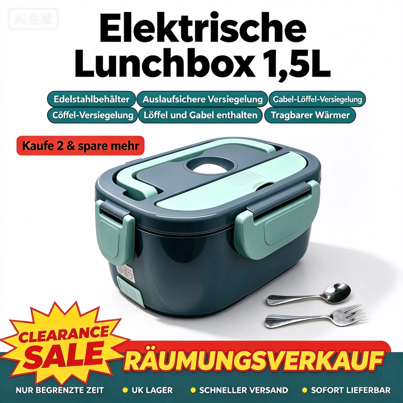Praktische elektrische beheizte Lunchbox 1.5L aus Edelstahl mit auslaufsicherem Verschluss und Besteck isoliert tragbar ideal für Büro Zuhause und Reise