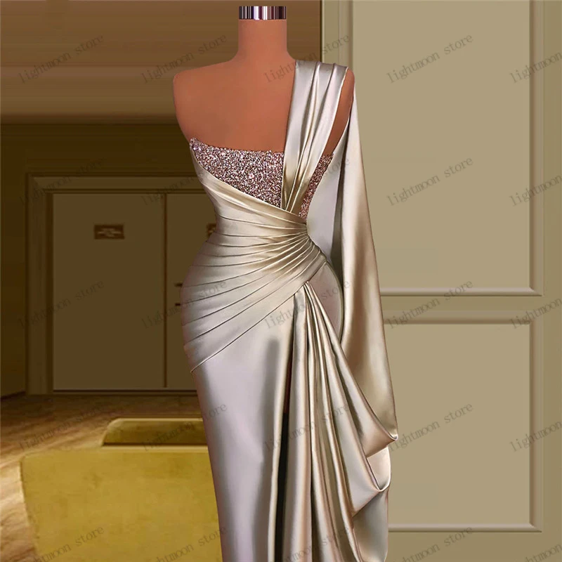 Gorgeous Evening Dresses Satin Shiny Prom Dress One Shoulder Floor Length Robes For Formal Party Vestidos De Gala Customized