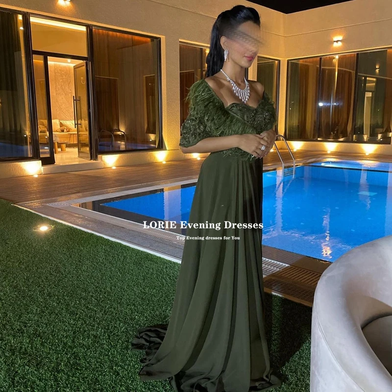 LORIE Green Chiffon A-Line Prom Dresses Sweetheart Half Sleeves Long Saudi Arabia Party Dresses Feathers Vestidos De Noche