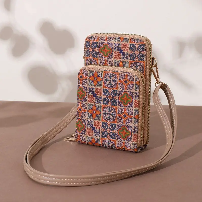  Portable Cork Tree Bark Print Phone Bag American Retro Style Women's Crossbody Bag Soft Leather Interior Vertical Square...