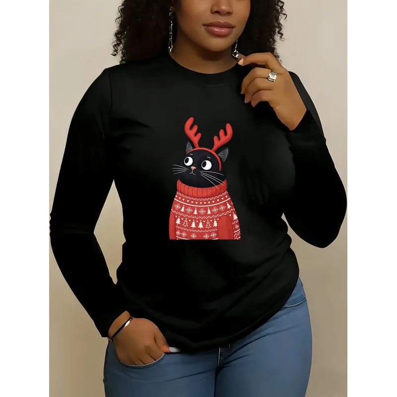 Women's Long Sleeve T-Shirt Cute Black Cat With Reindeer Antlers Christmas Sweater Pattern Graphic Crew Neck Slim Fit Fall Winte