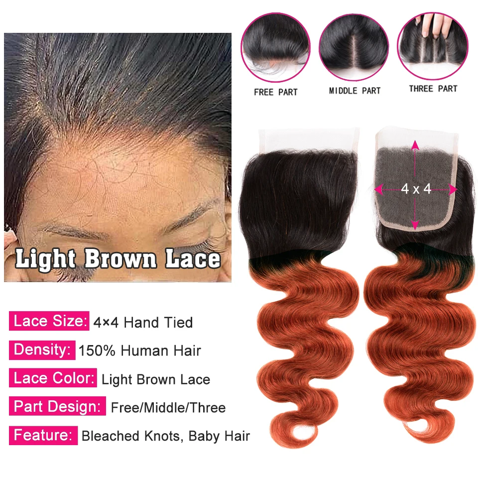 Ombre Orange Human Hair Bundles With Closure Brazilian Body Wave 1B/350 Human Hair Weaving And 4x4 Swiss Lace Closure Free Part