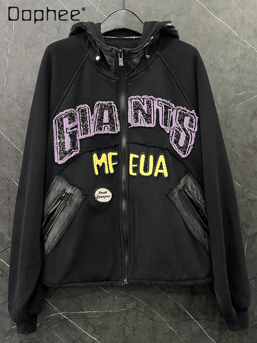 

2025 Autumn Winter Embroidery Letter Hooded Fleece Sweatshirt Jacket for Women Loose Casual Fashion Top Trendy Black Hoodies