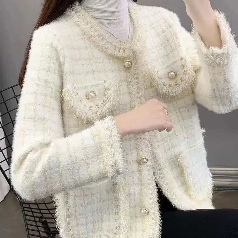 2025 Moda Nuovo Maglione Sueter Feminino Stile Coreano Casual Cardigan da Donna Girocollo Plaid Nappa Donna Autunno Inverno Cappotto