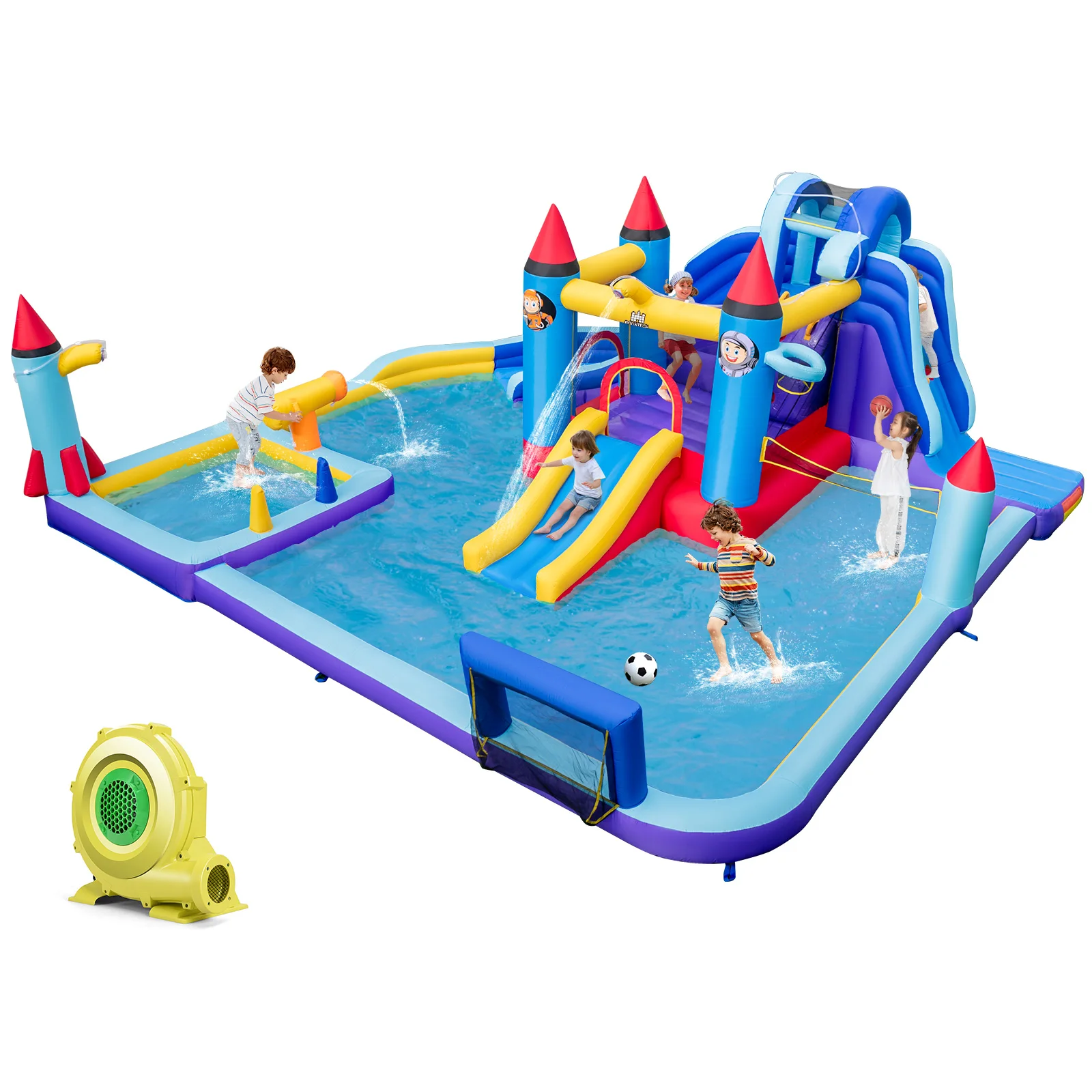 Rocket Theme Inflatable Water Slide Park w/ 950W Blower 2 Slides Splash Pool