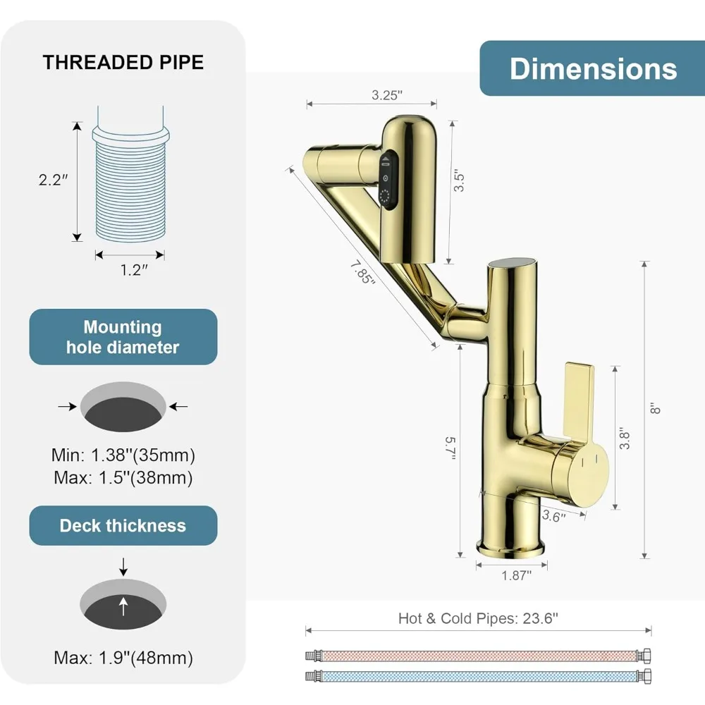 Polished Gold Rotatable Bathroom Sink Faucet with 6-Piece Cover Plate Set for Enhanced Style and Functionality