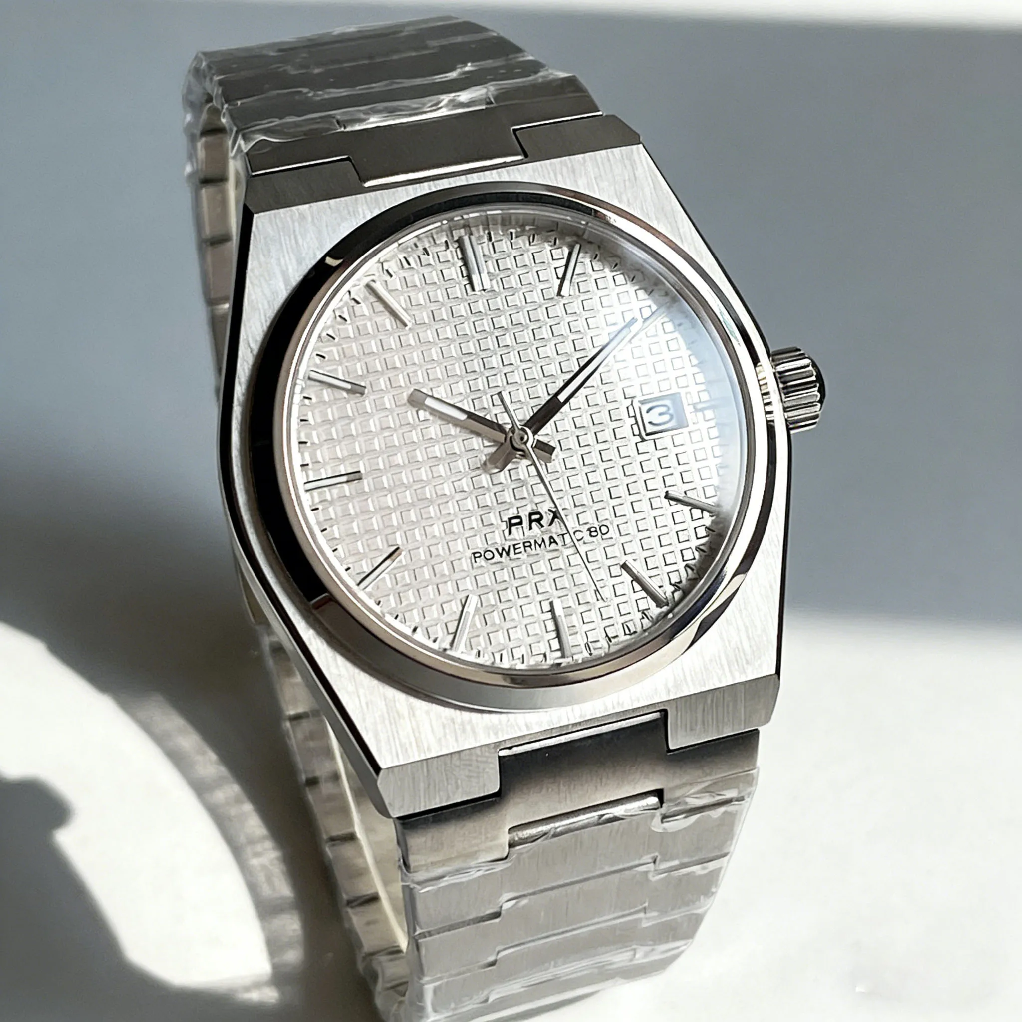 

New 10ATM Sapphire Crystal PRX 40mm White Sterile Dial Date Men NH35A Automatic Mechanical Watch Stainless Steel Case Bracelet