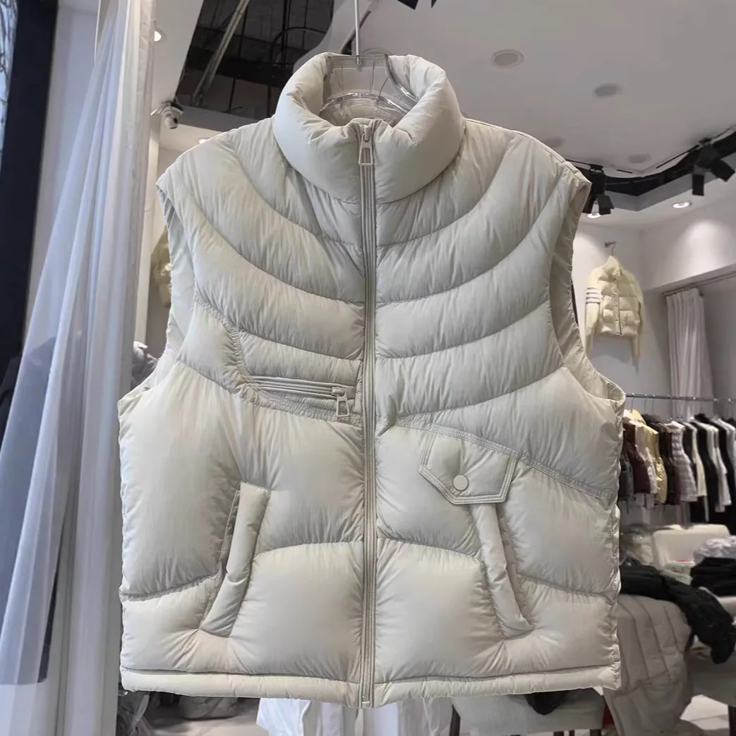 

Новая женская модная короткая безрукавка с двойной молнией, воротником-стойкой, из белого утиного пуха, теплая, без рукавов, в стиле танк-топ, пуховик из белого утиного пуха