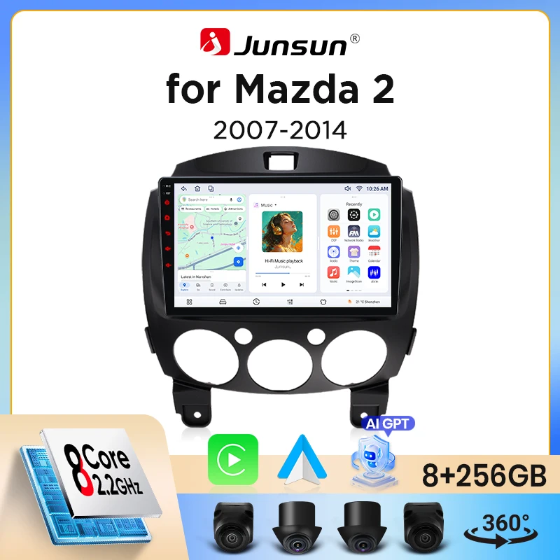 Junsun kabelloses CarPlay Android Auto Autoradio für Mazda 2 Mk2 (DE) 2007-2014 mit eingebautem Lüfter, Android GPS-Navigation, Multimedia-Player, WiFi, DSP, RDS, BT, SWC, IPS-Touchscreen, Autoradio,