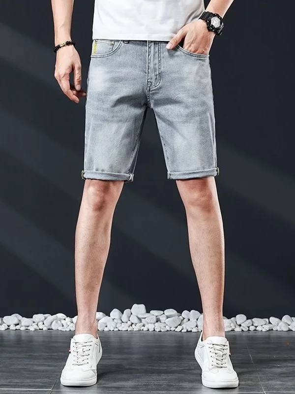 High-End Trendy Grey Denim Shorts Men's Summer New Style Korean Version Slim Fit Elastic Five-Point Casual Versatile Slimming
