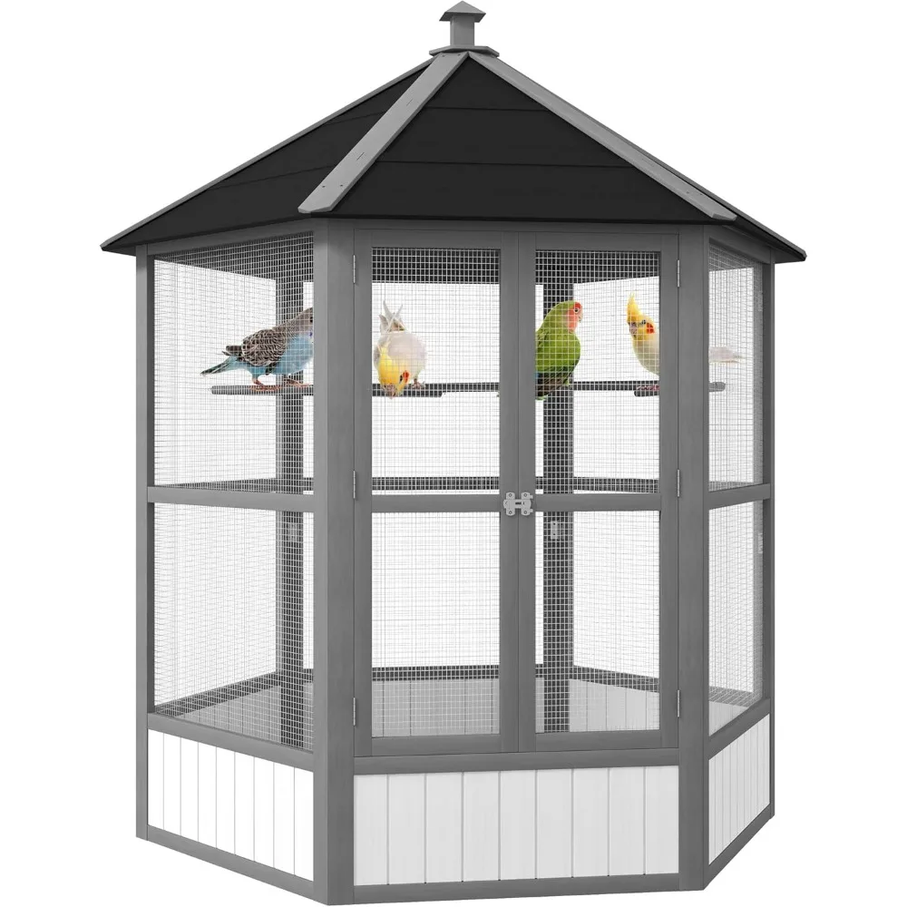 

PawHut 69" Large Wooden Hexagonal Outdoor Aviary Flight Bird Cage with Covered Roof, Light Gray