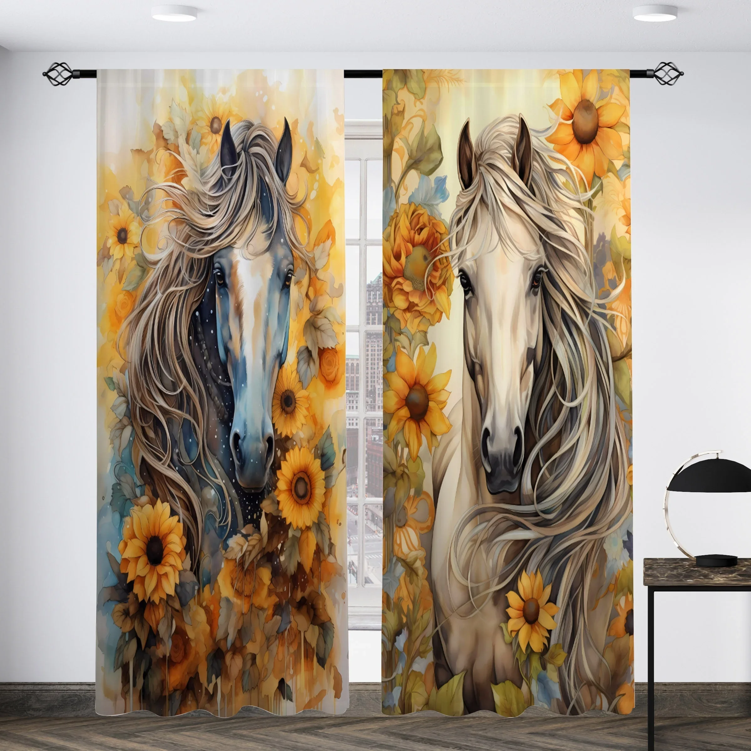 Vibrant Horse Portrait Sunflower Floral Curtain Panels for Living Room Bedroom Home Decor Window Treatment