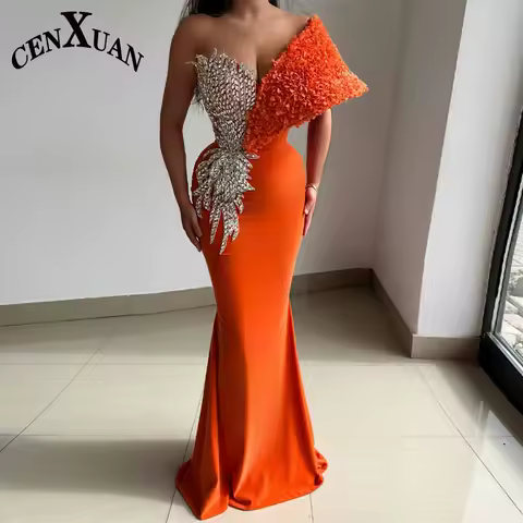 CENXUAN Modern Mermaid Women's Evening Dress with Rhinestones One-Shoulder V-neck Abendkleider Pregnancy Dress Customized