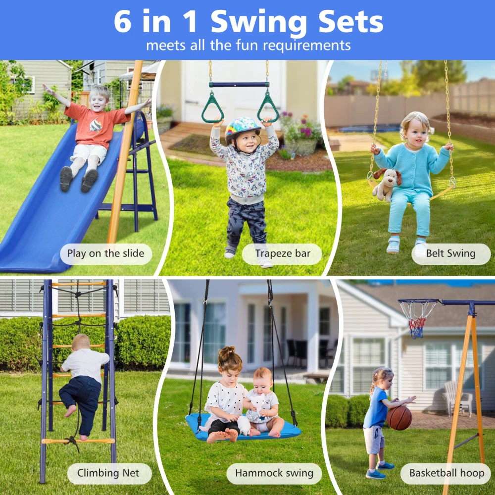 500 lbs 7 in 1 Swing Set for Kids Backyard Outdoor A-Frame Heavy-Duty Metal Swing Sets with Slide, 2 Swing Seats 1 Climbing Net