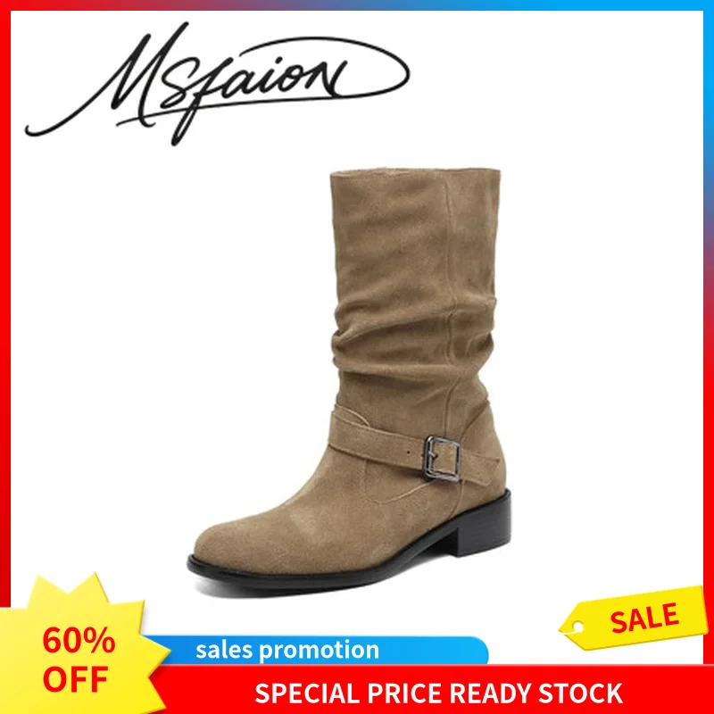 Botas de tacón ancho de estilo occidental para mujer, caña ancha, de gamuza de cuero vacuno, punta redonda, tacón de bloque de 3.5 cm, modelo G639