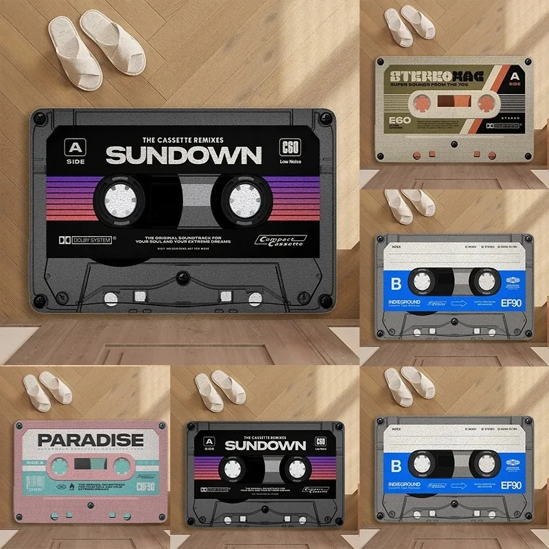Home Floor Mat Retro Cassette Tape Bedroom Bathroom Kitchen Dirt Resistant Home Floor Mat Adjustable Floor Mat