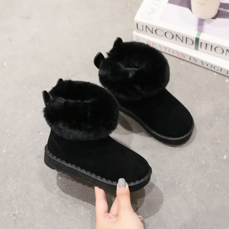 Bottes de neige en cuir de vachette véritable pour enfants, chaussures en coton doux et chaud avec peluche, bottes en daim à une fourrure, bottes de princesse rétro, garçons et filles, hiver