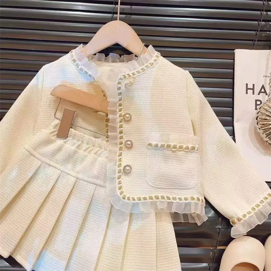 

New Childrens Clothing 2025 Spring and Autumn Collection Girls Lace Jacket Short Skirt Fashionable Two-piece Set Kids Outfits