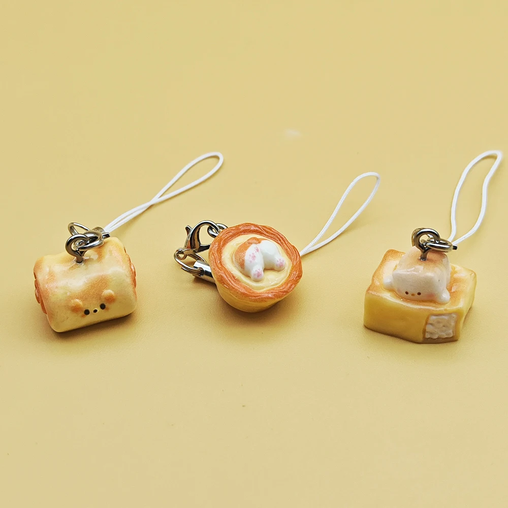 Resin Bread Cat Cute Corgi Butt Pie Phone Charm Key Strap Lanyard Bag Camera Pendant for Airpod Case Keycord Keychain Girl Gift