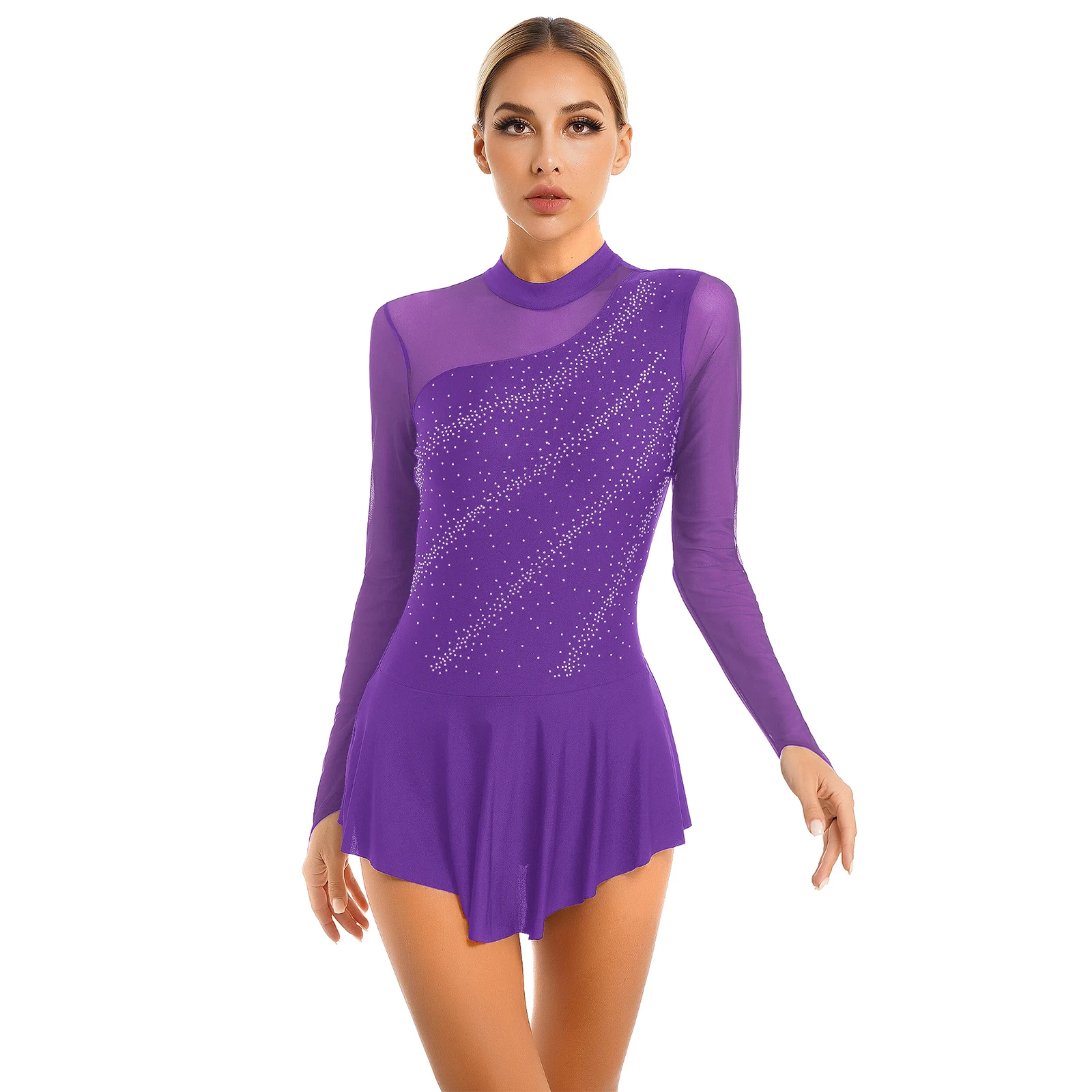 Womens Rhinestone Figure Ice Skating Dress Long Sleeve Mesh Splice Ballet Gymnastics Leotard Stage Competition Dancewear Costume