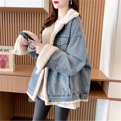 2024 Fleece Denim Jacket Women Winter New Mid-length Lamb Velvet Stitching Cotton Coat Thickened Jeans Jackets Outerwear