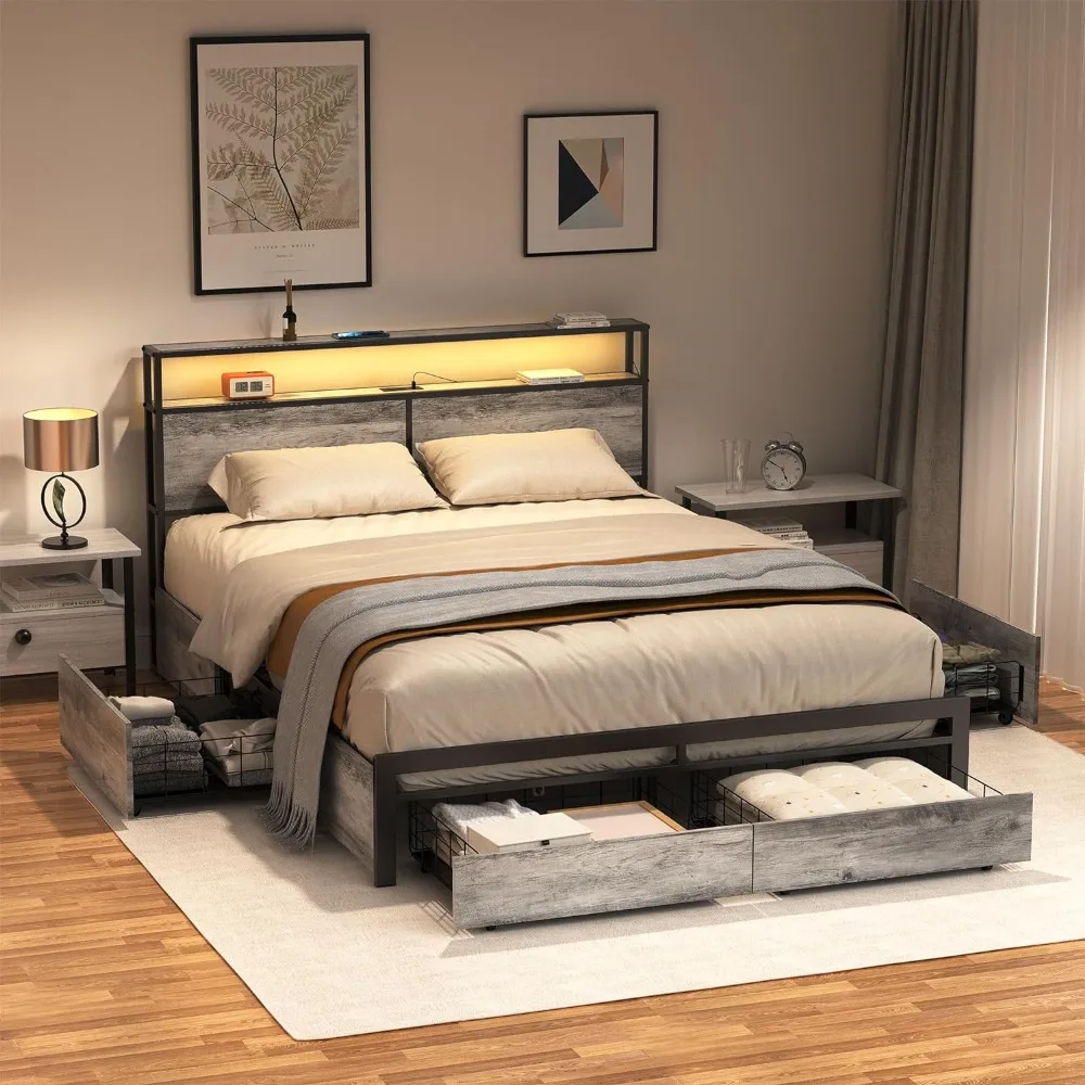 

LED Bed Frame Full Size with Headboard & 4 Storage Drawers Platform Bed Frame with 2 Charging Outlets and 2 USB Ports Strong