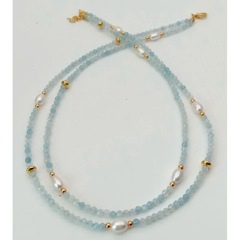 2 rows Natural faceted Aquamarine Cultured white Pearl Necklace 17.5