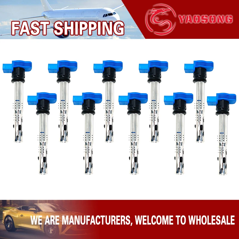 

10PCS HIGH PERFORMANCE BLUE IGNITION COIL UF529 06E905115 FOR LAMBORGHINI GALLARDO Huracan AUDI S8 R8 5.0 5.2 V10