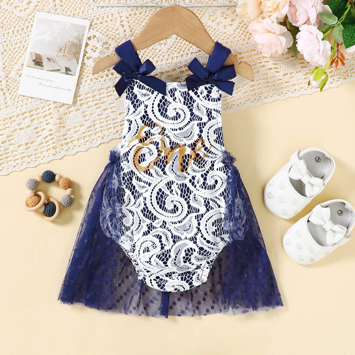 0-18M Summer Baby Girl Clothing 1st Birthday Halloween Costume Sleeveless White Lace Navy Polka Dot Tulle Tutu Romper With Bow