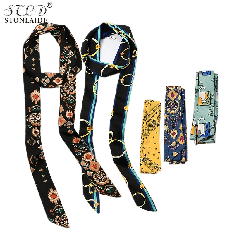 5X200CM Narrow Long Satin Silk Scarf For Women Female Wild Double-Sided Printing Belts Neckerchiefs Bag Ribbon Summer Hat Strap