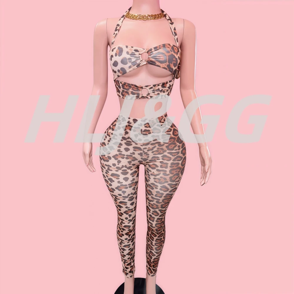 

HLJ Sexy Leopard Print 2 Piece Sets Woman Outfit Backless Bandage Patchwork Crop Tops + Pants Female Streetwear Clothing 2025