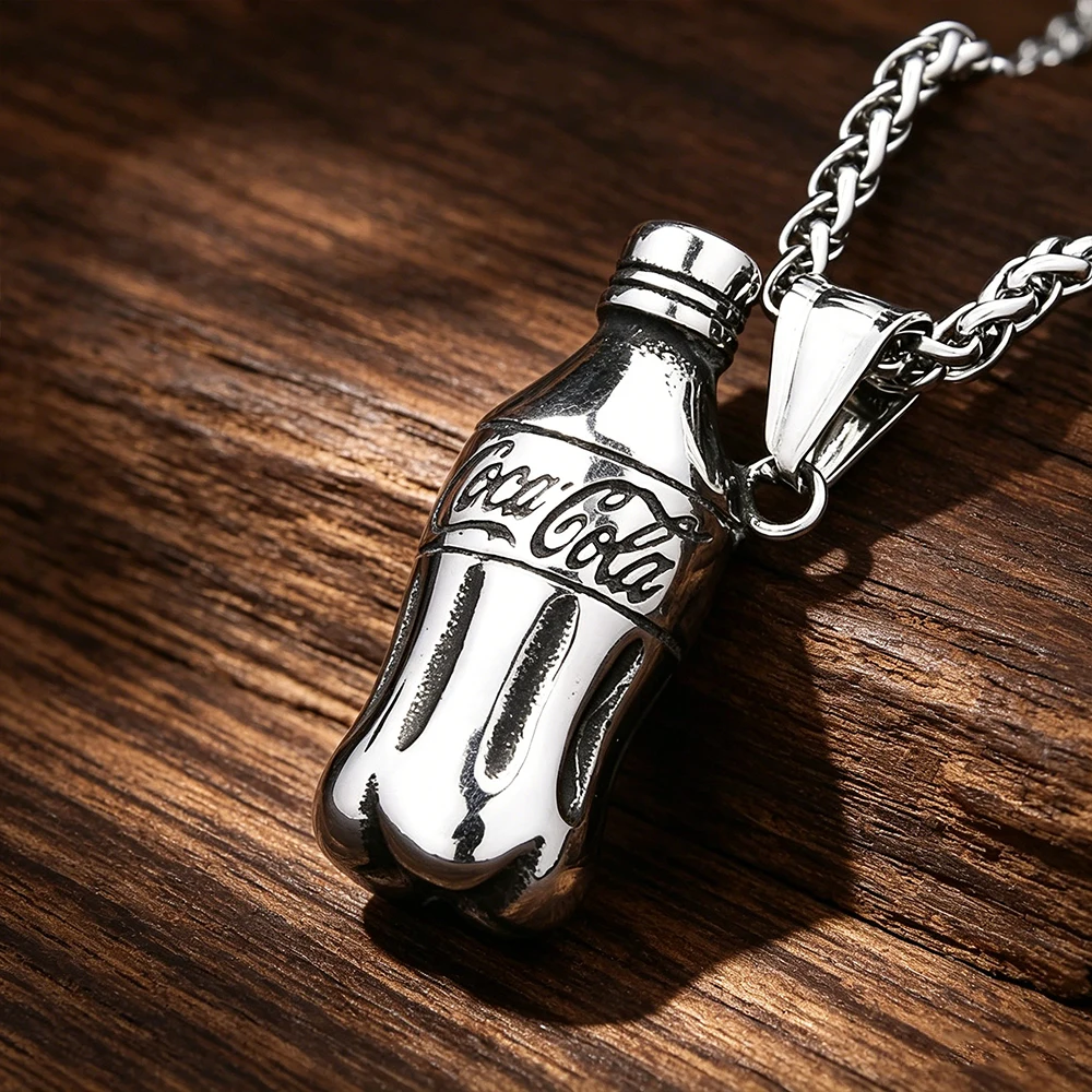Soda Bottle Pendant Necklace Unisex Antique Stainless Steel Street Style Novelty Charm Collector Jewelry Gift Dropshipping