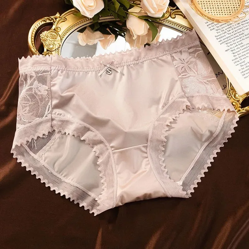 

High-end Satin Panties Women Sexy Lace Antibacterial Crotch Comfortable Breathable Underwear Large Size Middle Waist New Briefs